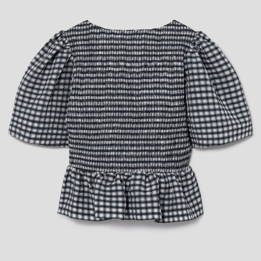 GANNI Seersucker Check Open-Neck Smock Blouse - Egret
