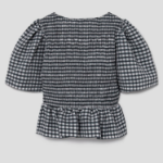GANNI Seersucker Check Open-Neck Smock Blouse - Egret