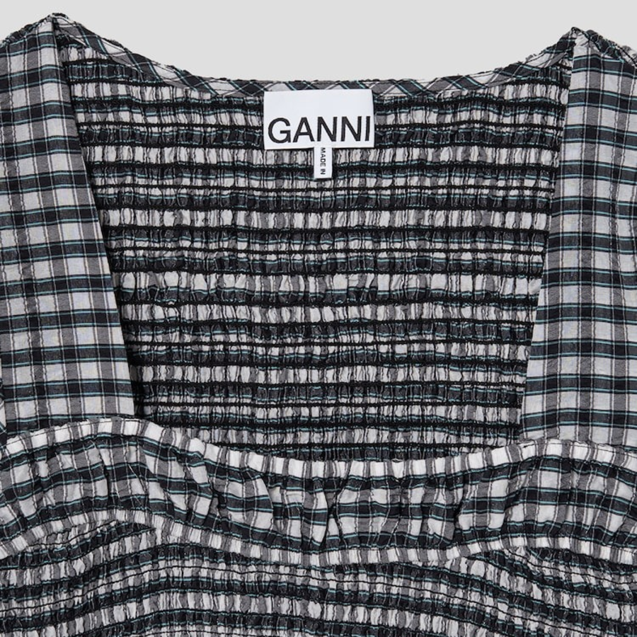 GANNI Seersucker Check Open-Neck Smock Blouse - Egret