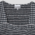 GANNI Seersucker Check Open-Neck Smock Blouse - Egret