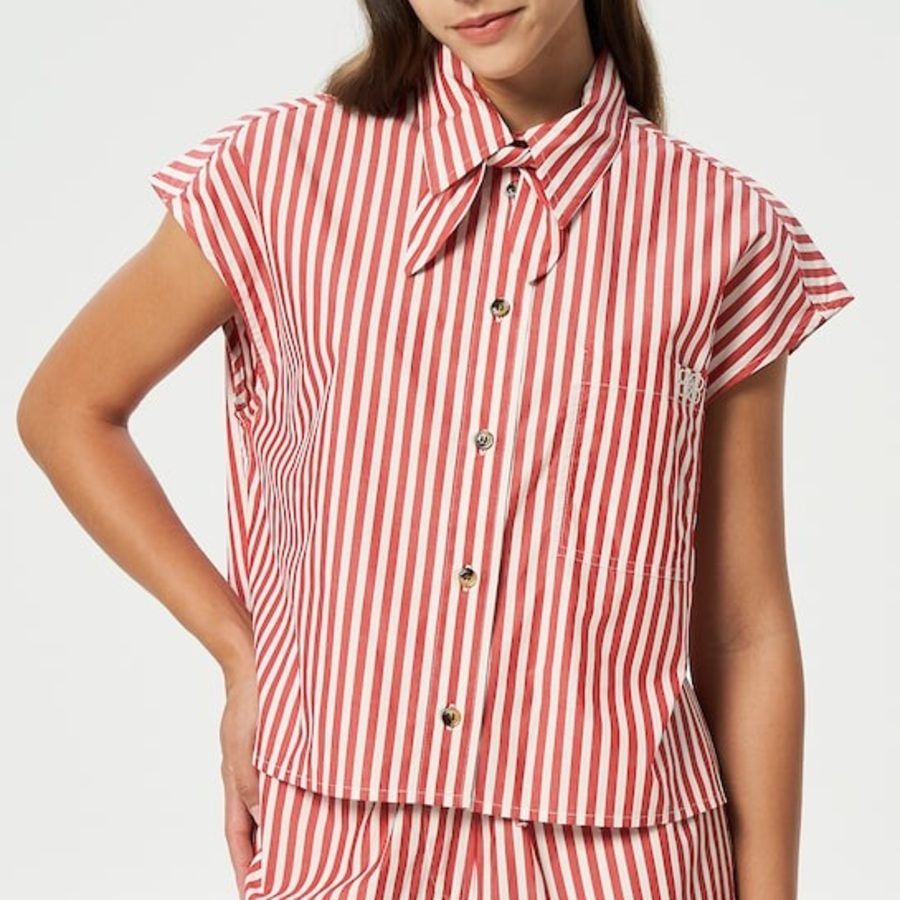 GANNI Stripe Cotton Tie Collar Shirt - Barbados Cherry