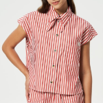 GANNI Stripe Cotton Tie Collar Shirt - Barbados Cherry