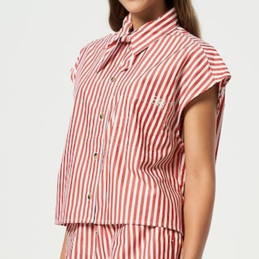 GANNI Stripe Cotton Tie Collar Shirt - Barbados Cherry