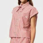 GANNI Stripe Cotton Tie Collar Shirt - Barbados Cherry