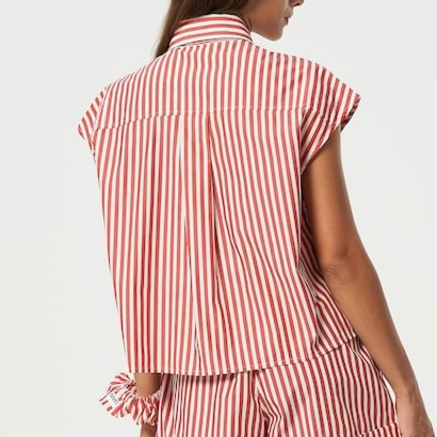 GANNI Stripe Cotton Tie Collar Shirt - Barbados Cherry