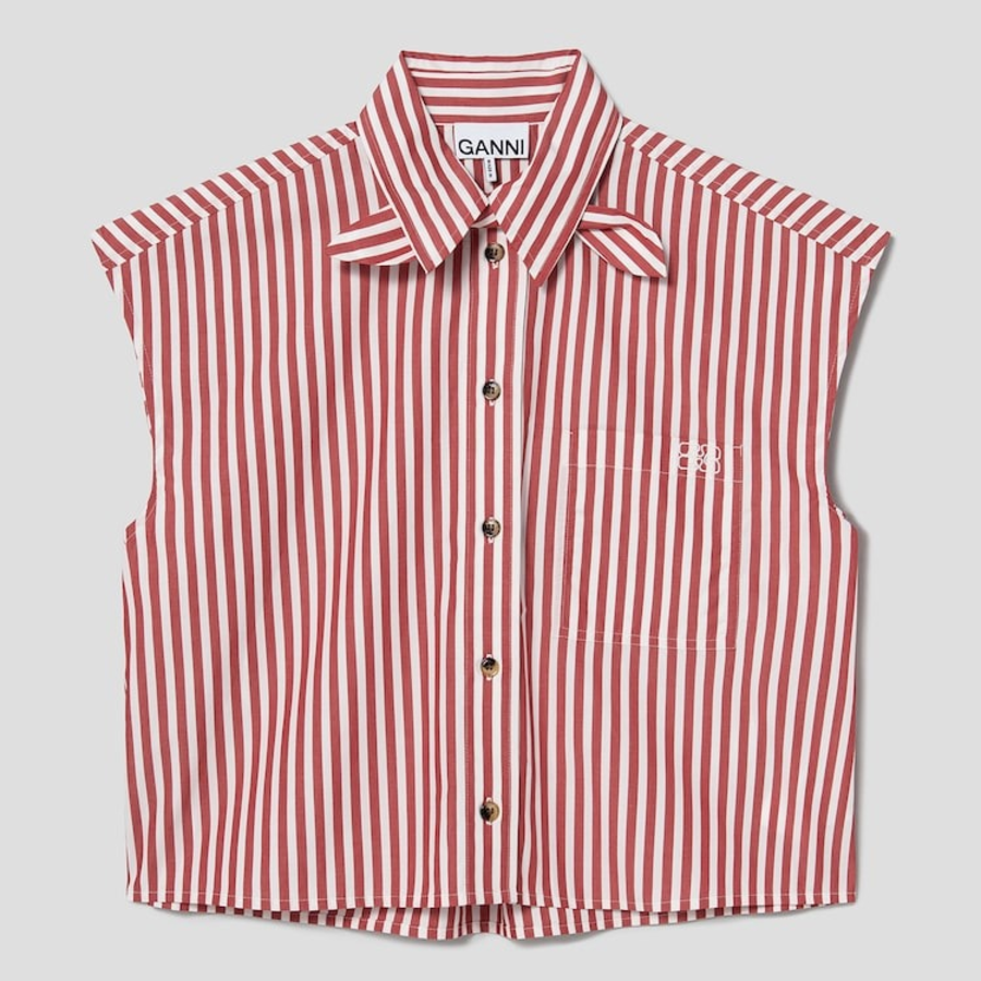 GANNI Stripe Cotton Tie Collar Shirt - Barbados Cherry