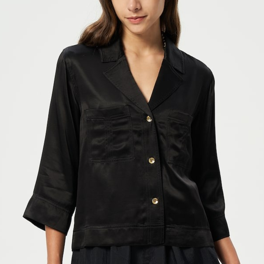 GANNI Washed Satin Shirt - Black