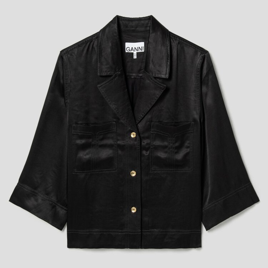 GANNI Washed Satin Shirt - Black