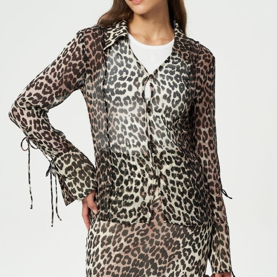 GANNI Printed Chiffon Slim Shirt - Almond Milk