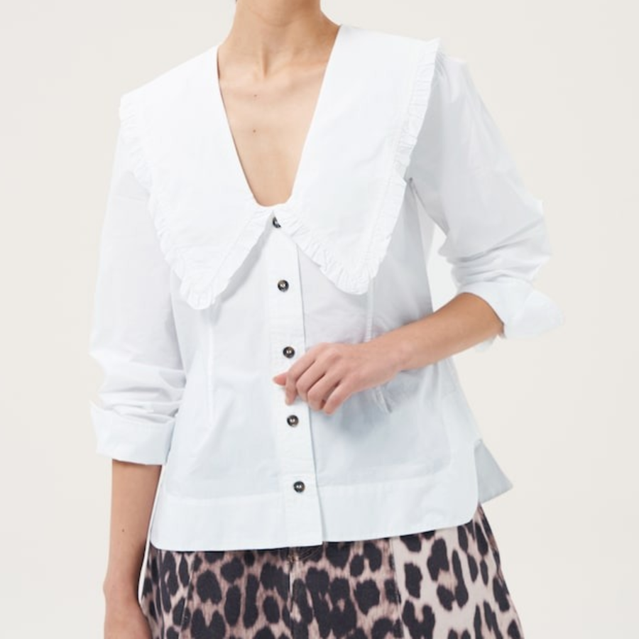 GANNI Cotton Long Sleeve Ruffle Collar Shirt - Bright White