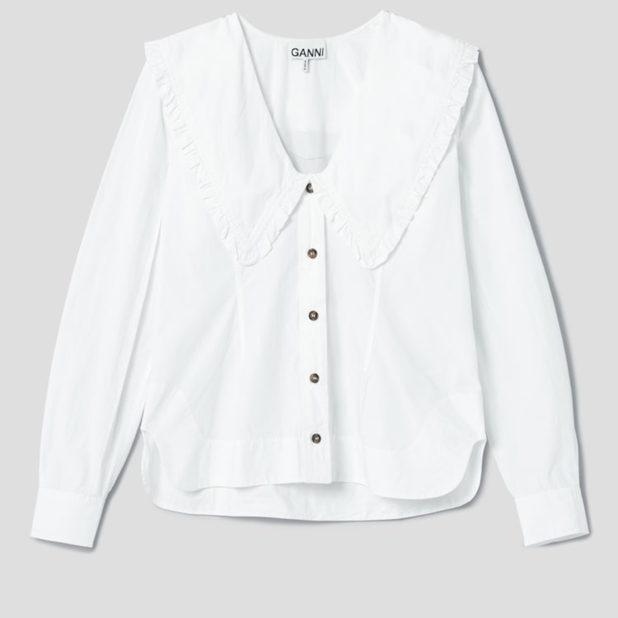 GANNI Cotton Long Sleeve Ruffle Collar Shirt - Bright White