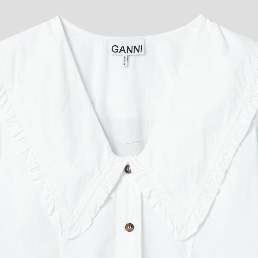 GANNI Cotton Long Sleeve Ruffle Collar Shirt - Bright White