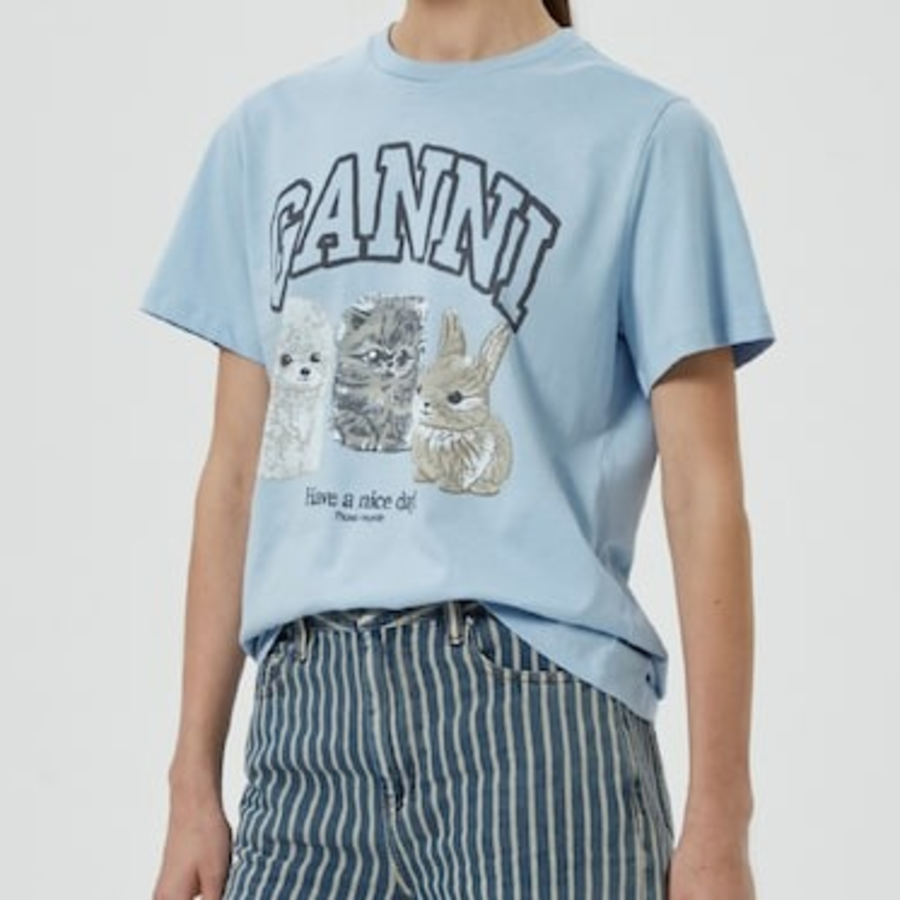 GANNI Basic Cotton Jersey Animals Relaxed T-shirt - Sky Blue