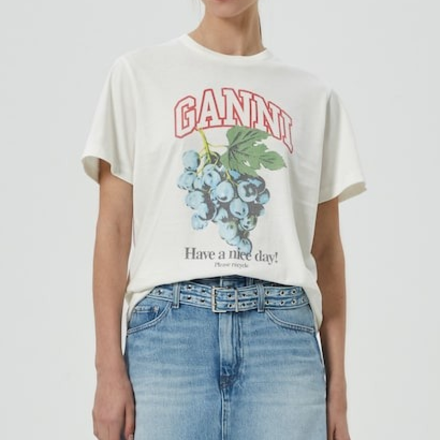 GANNI Basic Cotton Jersey Grapes Relaxed T-shirt - Ivory