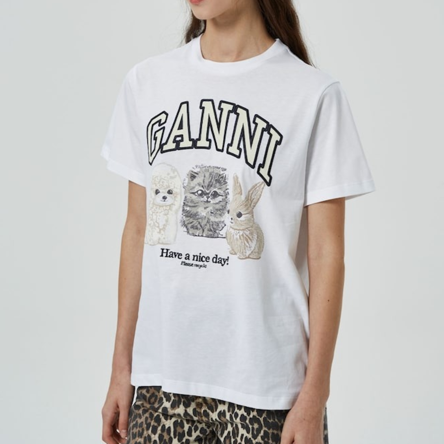 GANNI Basic Cotton Jersey Animals Relaxed T-shirt - White