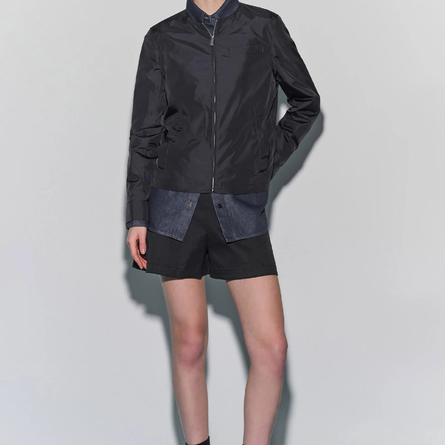 Theory Women Crisp Nylon Crew Neck Zip Up Jacket - Black