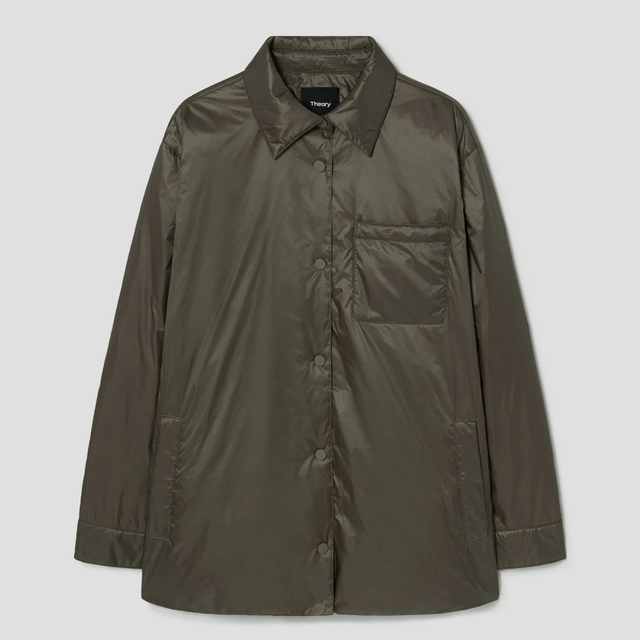 Theory Women Polished Nylon Pocket Shirt Puffer - Dark Khaki