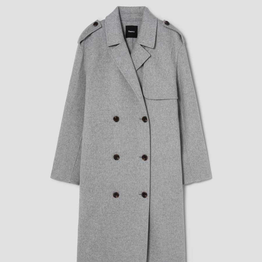 Theory Women Double Wool-Cashmere Double Overcoat — Light Grey Melange