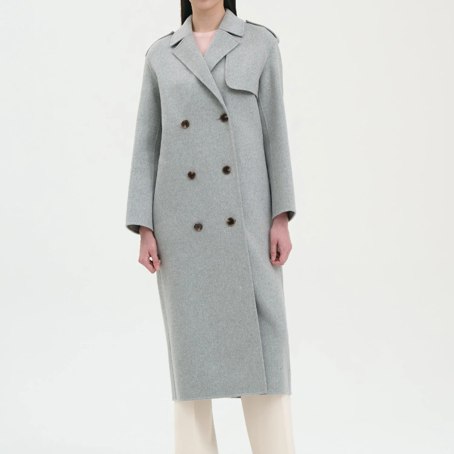 Theory Women Double Wool-Cashmere Double Overcoat — Light Grey Melange
