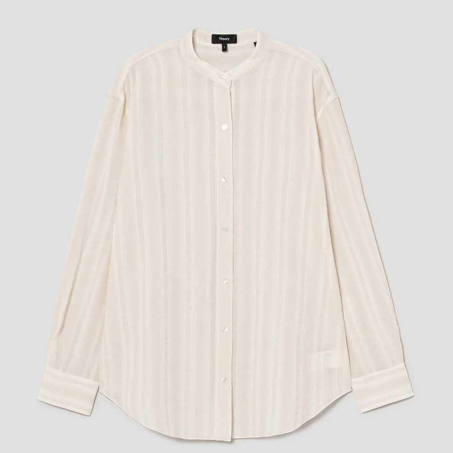 Theory Women Striped Gauze Boyfriend Shirt Ivory Multi