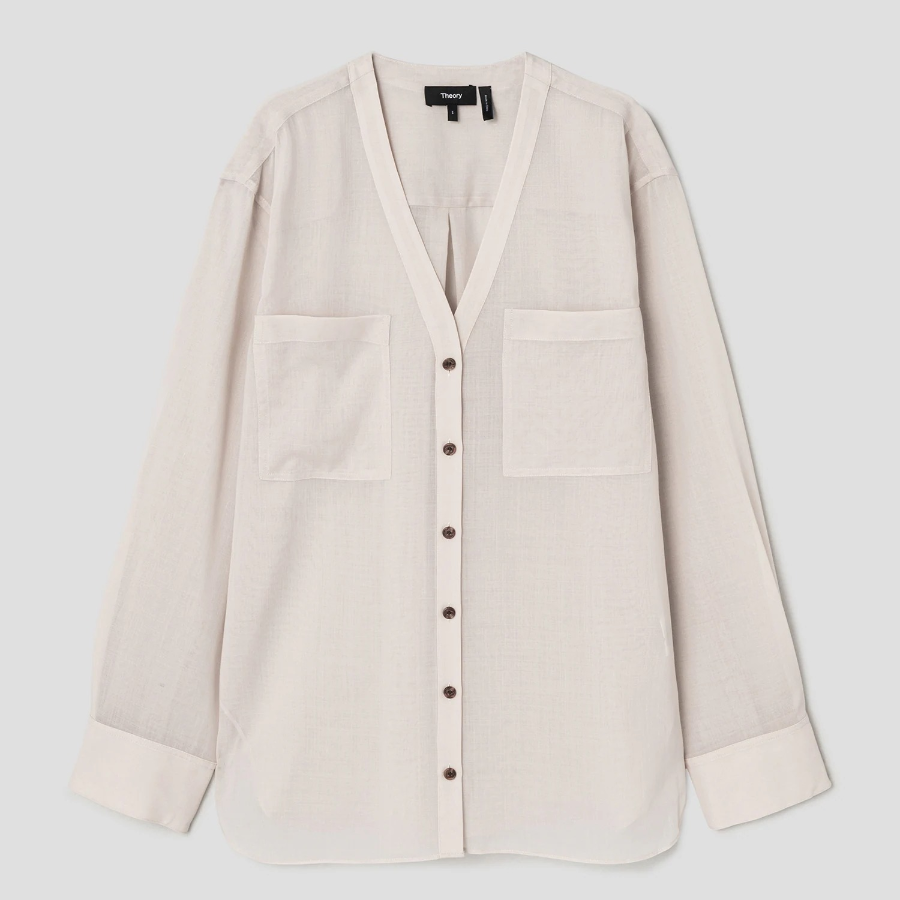 Theory Women Lightweight Wool Oversized Pocket Shirt - Sand
