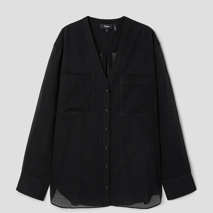 Theory Women Lightweight Wool Oversized Pocket Shirt - Black
