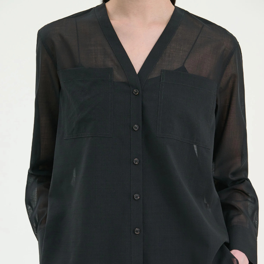 Theory Women Lightweight Wool Oversized Pocket Shirt - Black