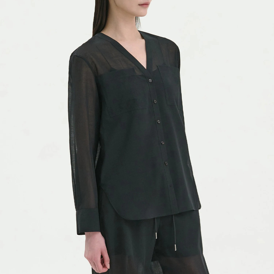 Theory Women Lightweight Wool Oversized Pocket Shirt - Black