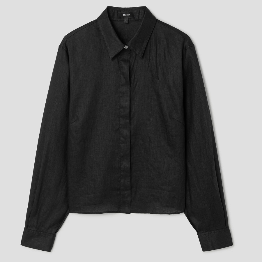Theory Women Relaxed Linen Curve Sleeve Shirt - Black