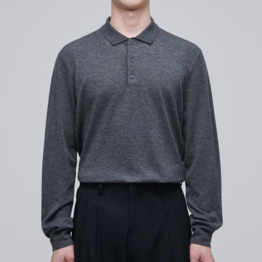 Merino Wool Blend High Gauge Collared Knit — Medium Gray