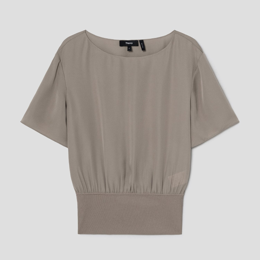 Theory Women Silk Combo Rib Waistband Shortsleevetop - Soft Taupe