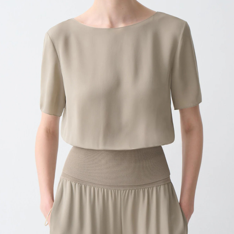 Theory Women Silk Combo Rib Waistband Shortsleevetop - Soft Taupe