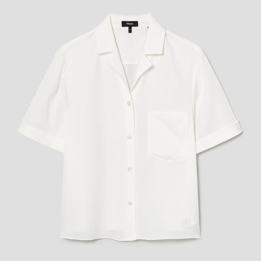 Theory Women Silk Georgette Short Sleeve Camp Shirt - Ivory