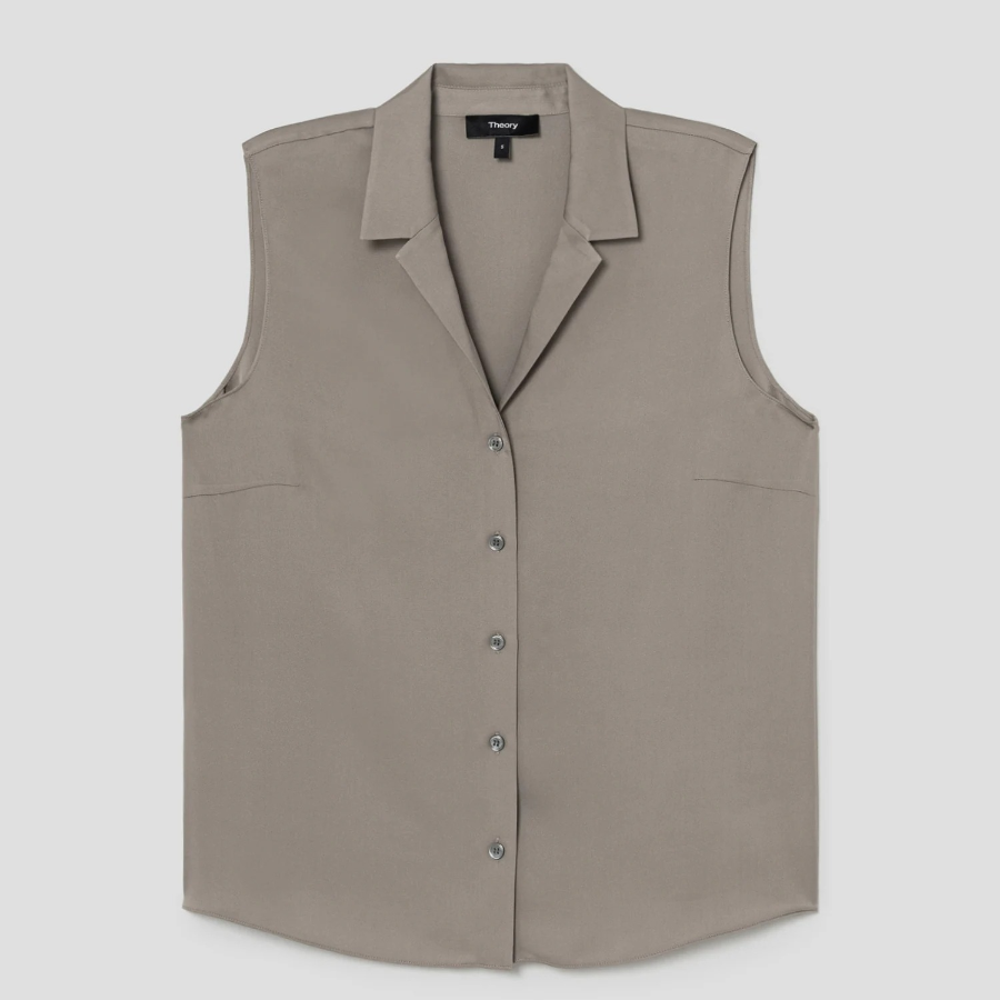 Theory Women Silk Georgette Camp Collar Blouse - Soft Taupe