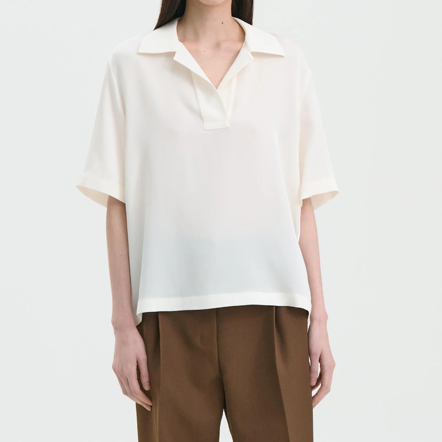Theory Women Silk Georgette Fluid Polo Top - Ivory