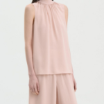 Theory Women Silk Combo Rib Neck Shell Top - Pink Sand