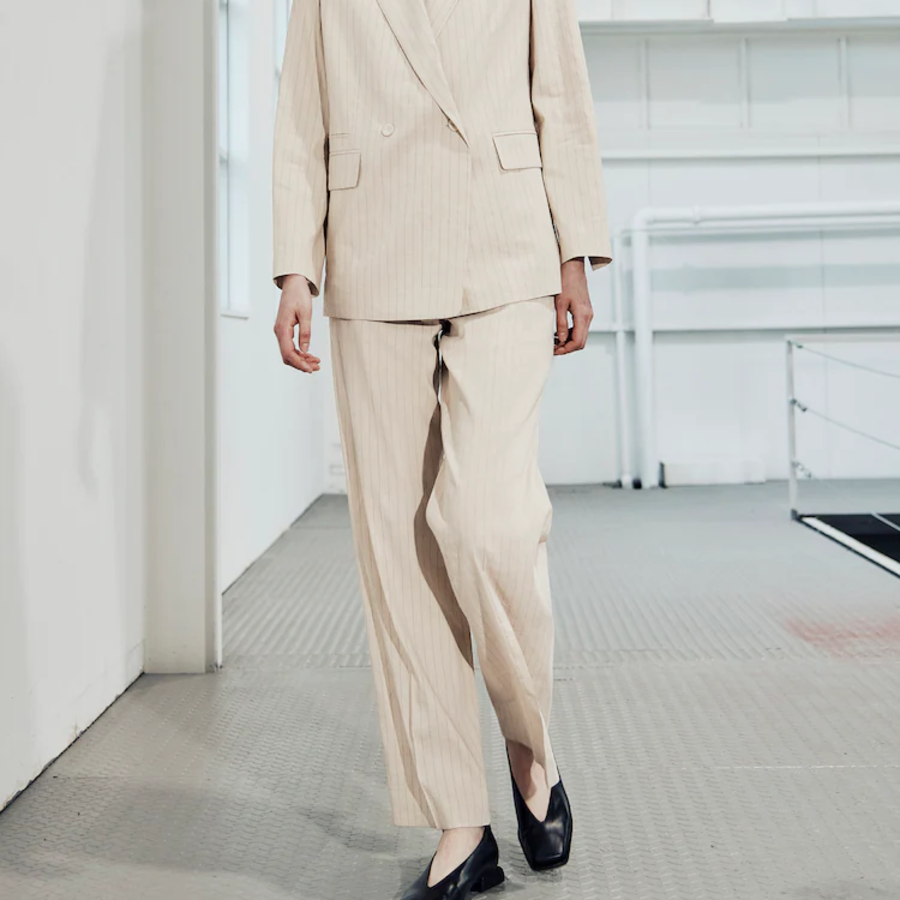 KUHO [Summer Icon Slacks] [Edit] Linen Blend Striped Wide Fit Pants - Beige