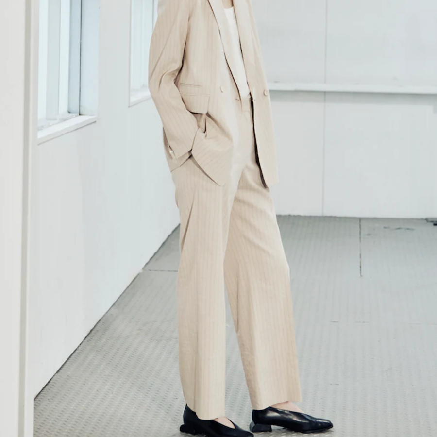 KUHO [Summer Icon Slacks] [Edit] Linen Blend Striped Wide Fit Pants - Beige