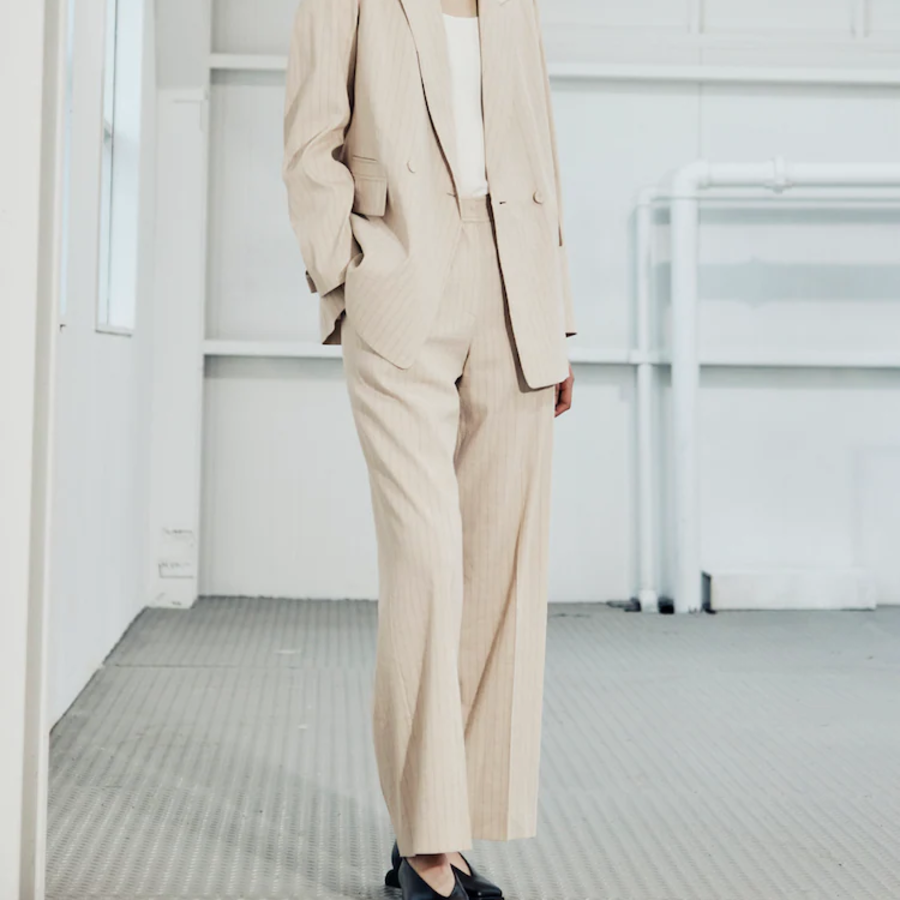 KUHO [Summer Icon Slacks] [Edit] Linen Blend Striped Wide Fit Pants - Beige