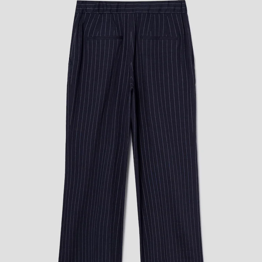 KUHO [Summer Icon Slacks] [Edit] Linen Blend Striped Wide Fit Pants - Navy
