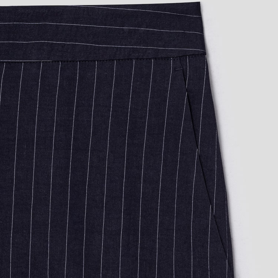 KUHO [Summer Icon Slacks] [Edit] Linen Blend Striped Wide Fit Pants - Navy