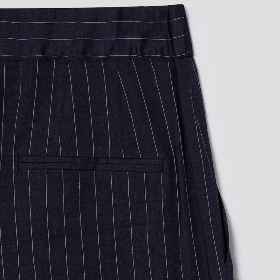 KUHO [Summer Icon Slacks] [Edit] Linen Blend Striped Wide Fit Pants - Navy