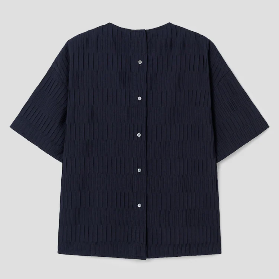 KUHO [Crease Series] Texture Half-Sleeved Blouse - Navy