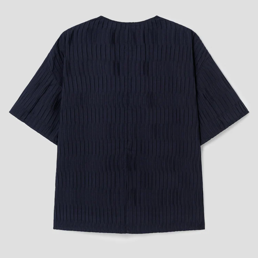 KUHO [Crease Series] Texture Half-Sleeved Blouse - Navy