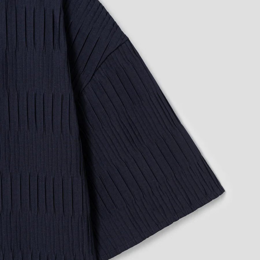 KUHO [Crease Series] Texture Half-Sleeved Blouse - Navy