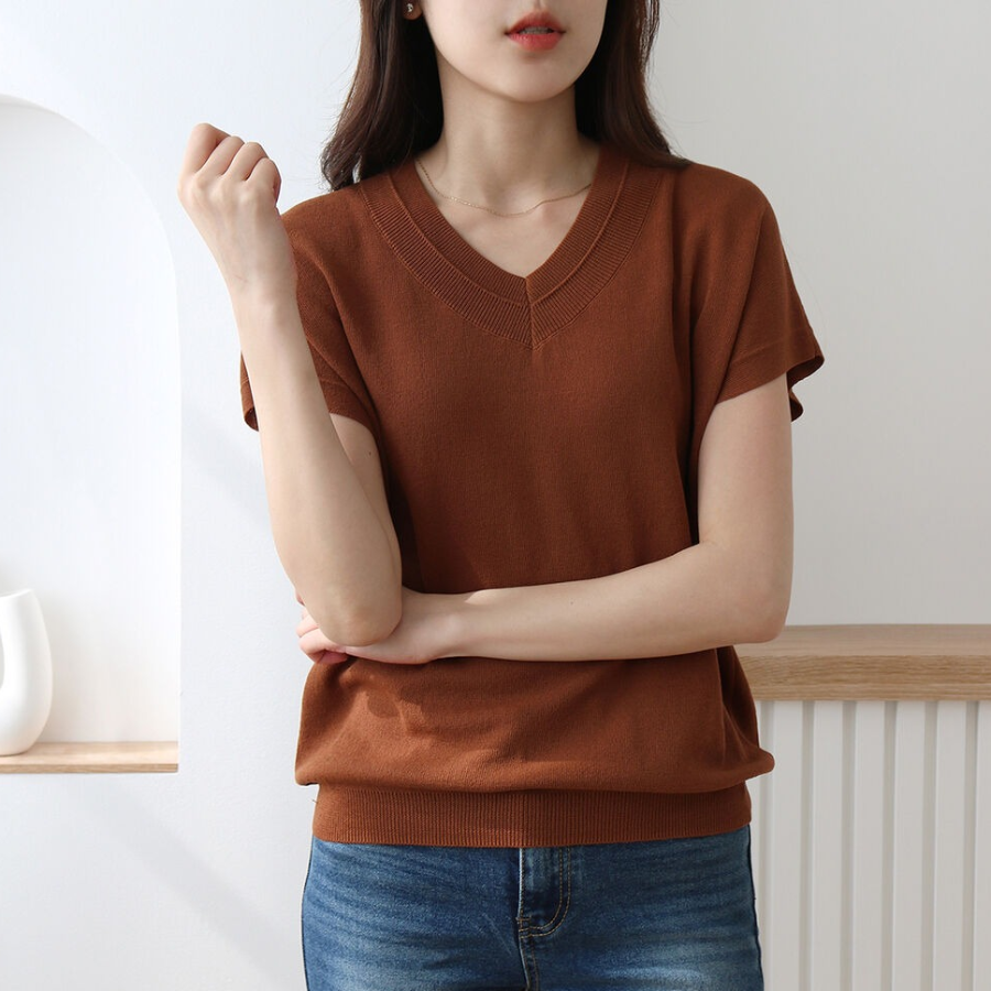 V-NECK SUMMER – Short Sleeve Cap-Sleeve Knit T-shirt