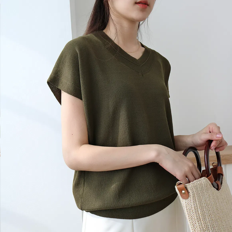 V-NECK SUMMER – Short Sleeve Cap-Sleeve Knit T-shirt