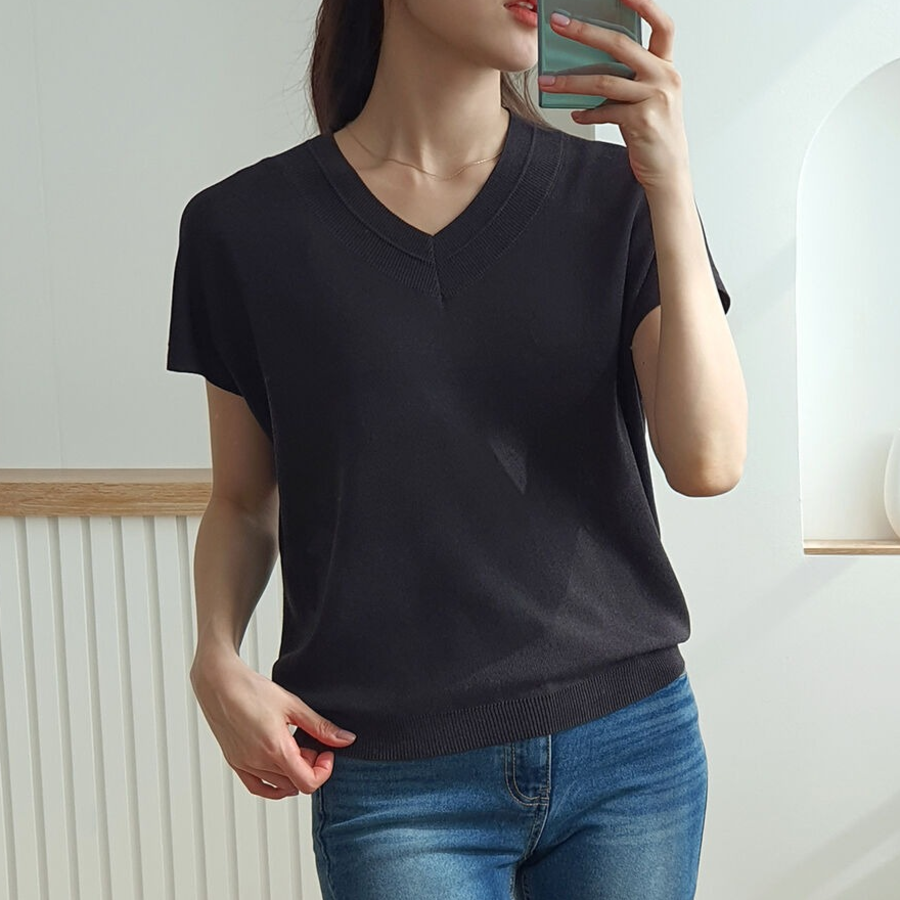 V-NECK SUMMER – Short Sleeve Cap-Sleeve Knit T-shirt