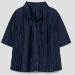 KUHO [Crease Series] Linen Blend Pleats Half-Sleeved Blouse – Navy