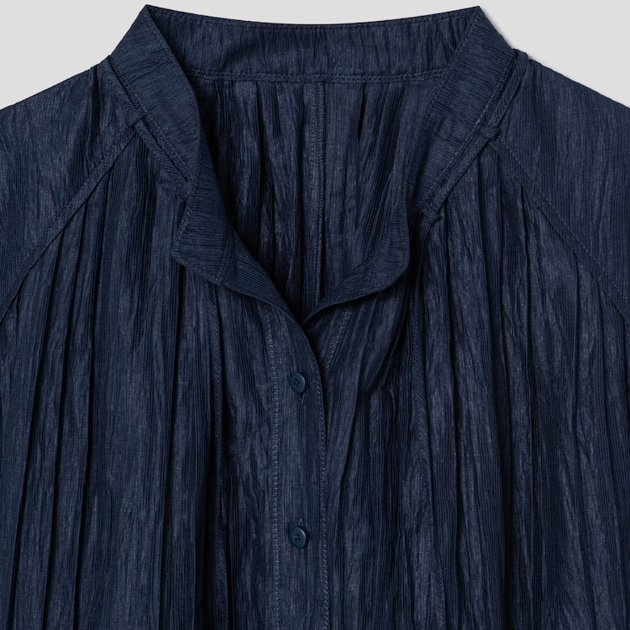 KUHO [Crease Series] Linen Blend Pleats Half-Sleeved Blouse – Navy